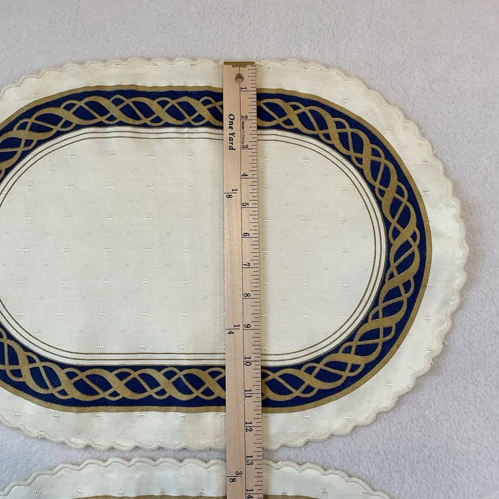 Lenox Hamilton Oval Placemats Cloth Set Of 2 Ivory Gold Navy Blue Vintage Lot #3